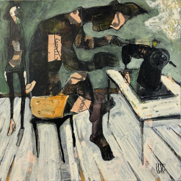 Sewing Table, 2023, oil & mixed media on canvas, framed, 44hx44w cm, $5950